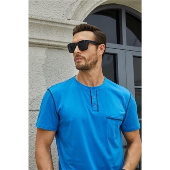 Men's Blue Shirt Classic Short/Long Sleeve Lightweight Button Cotton T-shirts - Picture 6 of 7